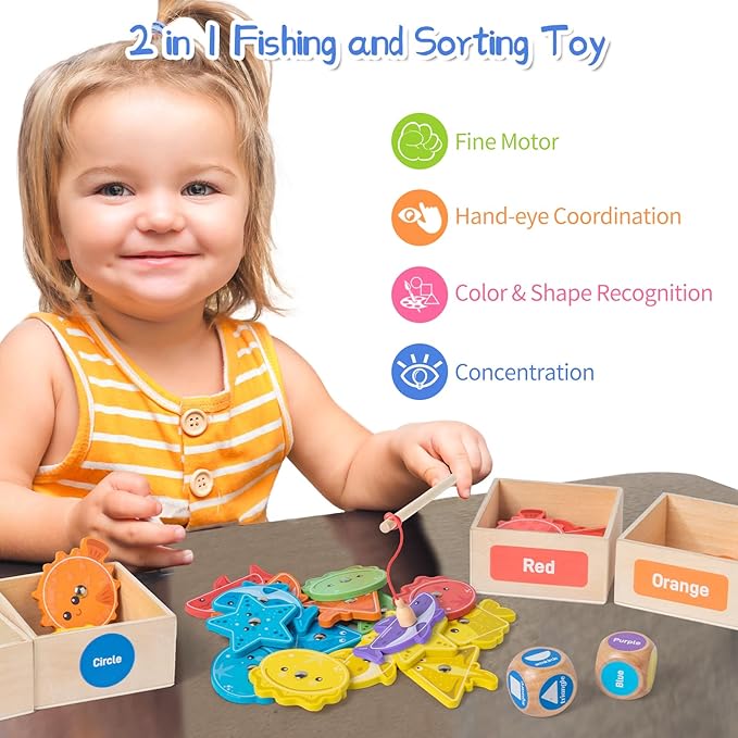 Montessori Fishing Game for Toddler 1-3,Wooden Magnetic Fishing Game,Early Educational-Shape & Color Sorting Toy for Kid 3-5,Preschool Learning Fine Motor Skill,Classroom Matching Activity