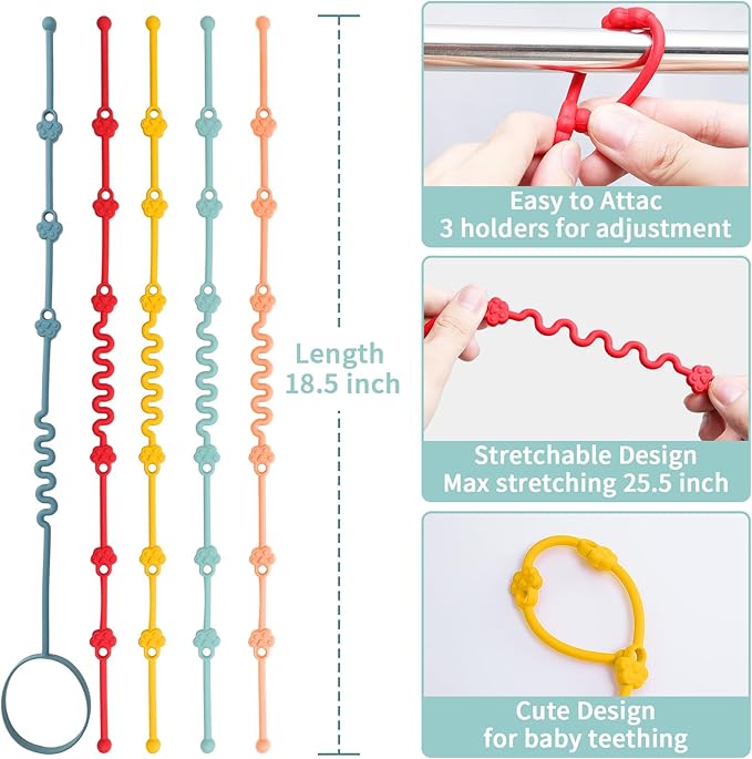 Toy Straps for Baby, Silicone Toy Straps for Stroller, Toy Safety Straps for Toy, Sippy Cup Straps, Adjustable Toy Holder for Stroller, High Chair - BPA Free (Multi 5pack)