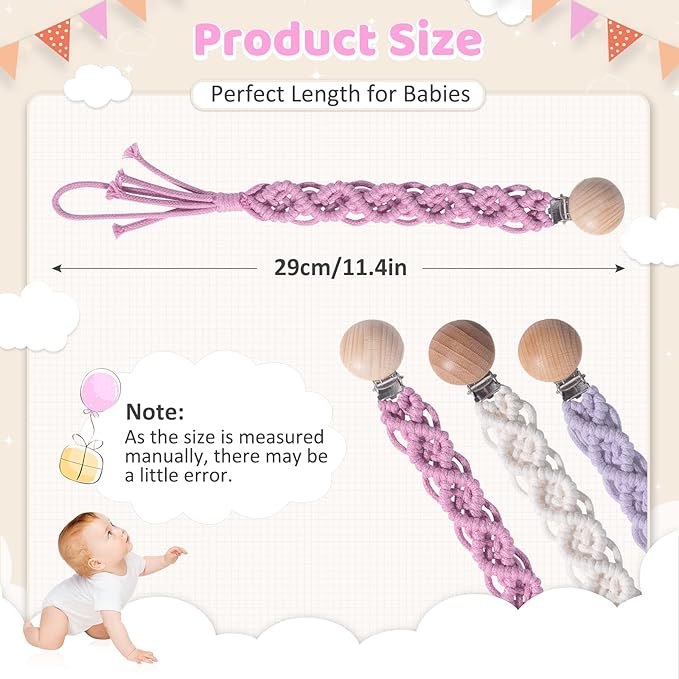 Boho Pacifier Clip for Boys Girls Pacifier Holder Leash Wooden Clips Handmade Braided Cotton Unisex Baby Shower Birthday Gift Christmas Gift