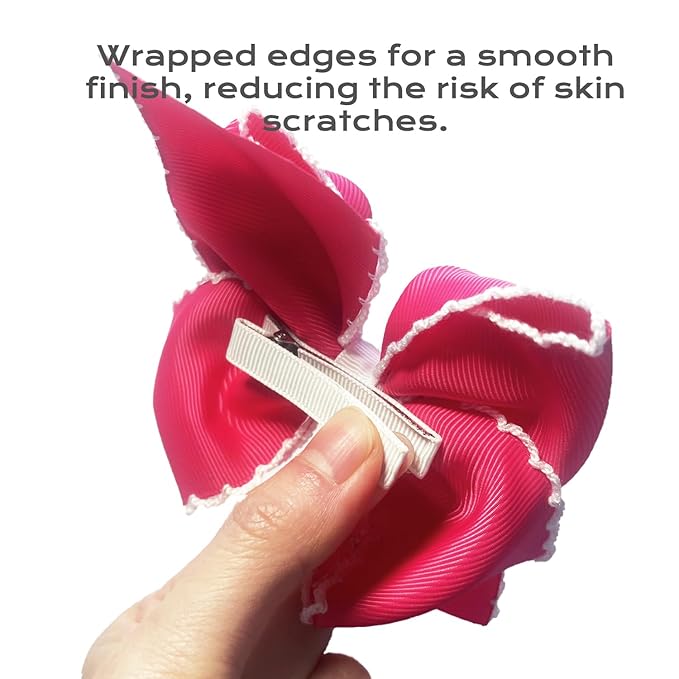 5 Inch Girls' Grosgrain Hair Bow, Alligator Clips Hair Barrettes, Moonstitch Edge Hair Bows with White Trim, (Hot Pink)