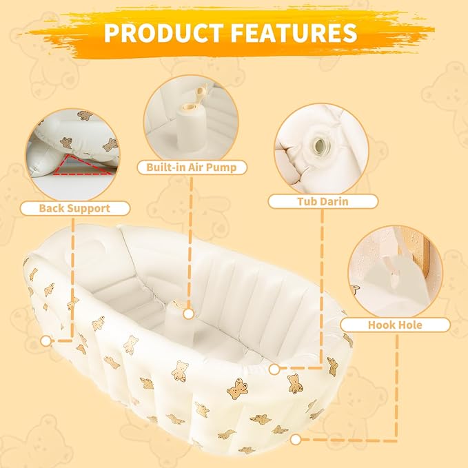 EKEPE Inflatable Baby Bathtub with Built in Pump, Collapsible Safe Baby Bathtub for Newborns and Baby, Non-Slip Travel Mini Swimming Pool for Babies 0-5 Years Old - Bear