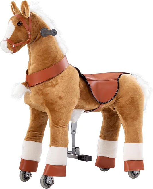 Ride on Horse Toys, Kids Riding Horse Toys Ride on Toys for 4-9 Years Old, Premium Plush Animals Toys Walking Horse with Wheels (Brown, 33.46" L x 11.81" W x 35.83" H)