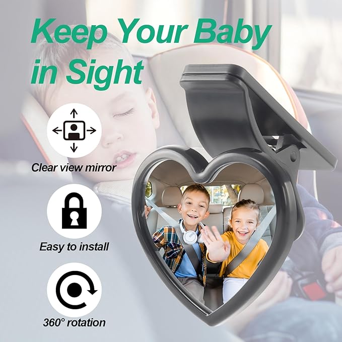 Baby Car Mirror Rear Facing,Convex Rear View Baby Mirrors for Cars,Automotive Interior 360 Degrees Adjustable Love Mirrors to See Kids,Babies,Infants and Newborn(Clip on Install)