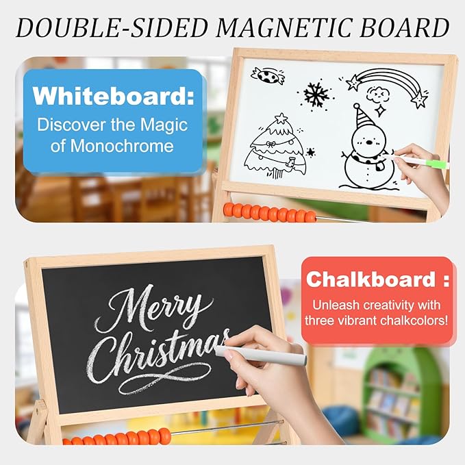 Wooden Abacus for Kids Math – Double-Sided Drawing Board with 100 Counting Sticks, 3 Sets Cards, Clock & Accessories, Educational Learning Toy for Ages 3-8, Homeschool & Preschool Essentials