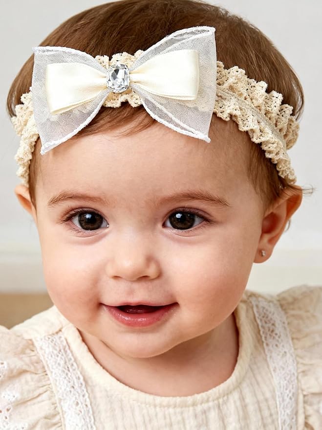 Baby Girls Hairbands bows Headband Stretchy Soft Flower Hairband Toddler Handmade Headbands with Pearls Elastic Headband for Infant Toddler Girl Hair Accessories (Diamond Bow, Elastic)