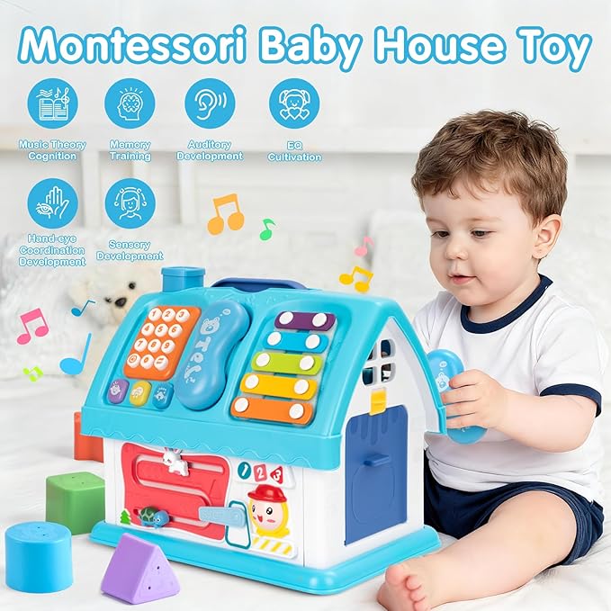 Montessori Toys for 1 Year Old, Baby Music Toys for 1 Year Old Girl Gift, 12-in-1 Musical House Toddler Learning Toy for 1 2 3 Ages, First Birthday Gifts for Girls and Boys, Educational Toy, (Blue)