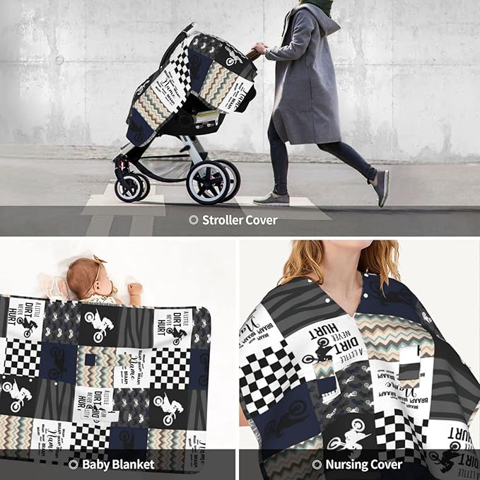 Personalized Dirt Bike Baby Car Seat Canopy for Babies with Name, Custom Motocross Car Seat Covers for Boys Girls, Peekaboo Opening Minky Nursing Cover Infant Car Seat Canopies for Newborn