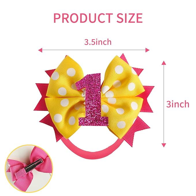 Birthday Hair Bow for Baby Girls - 2Pc Yellow Sprinkle Bow Headband for 1st Birthday Glitter Ice Cream Baby Party Decorations for Girls Toddlers Hair Accessories