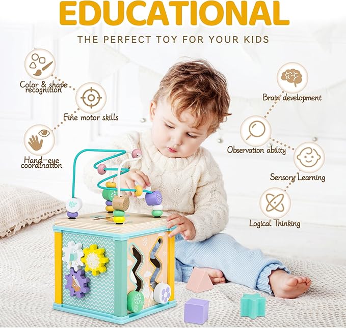Airlab Wooden Activity Cube Montessori Toys for 1 2 3 Year Old Baby Toys 12 Months Toddlers 1-3 Birthday Gift Boys Girls Sensory Interactive Learning Toys