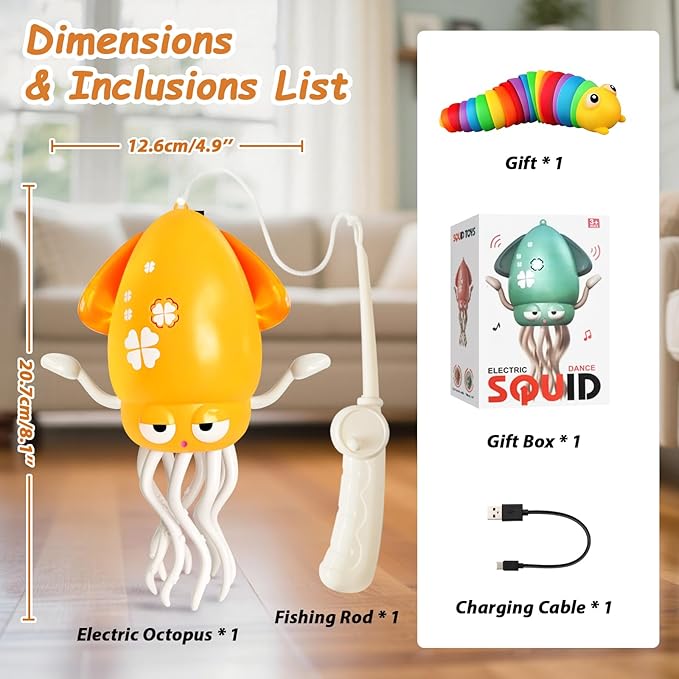 Electric Dancing Octopus Toy, Automatic Obstacle Avoidance Crawling Squid - Lights, Music, Crawling & Fishing Rod Play Fun Chase Toy for Kids Boy Girl Birthday Gifts (Yellow)