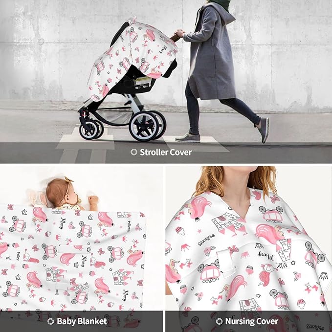 Personalized Baby Car Seat Canopy for Babies with Name, Custom Car Seat Covers for Girls, Infant Opening Minky Nursing Breastfeeding Stroller Cover Carseat Canopies for Newborn (Crown Girl)