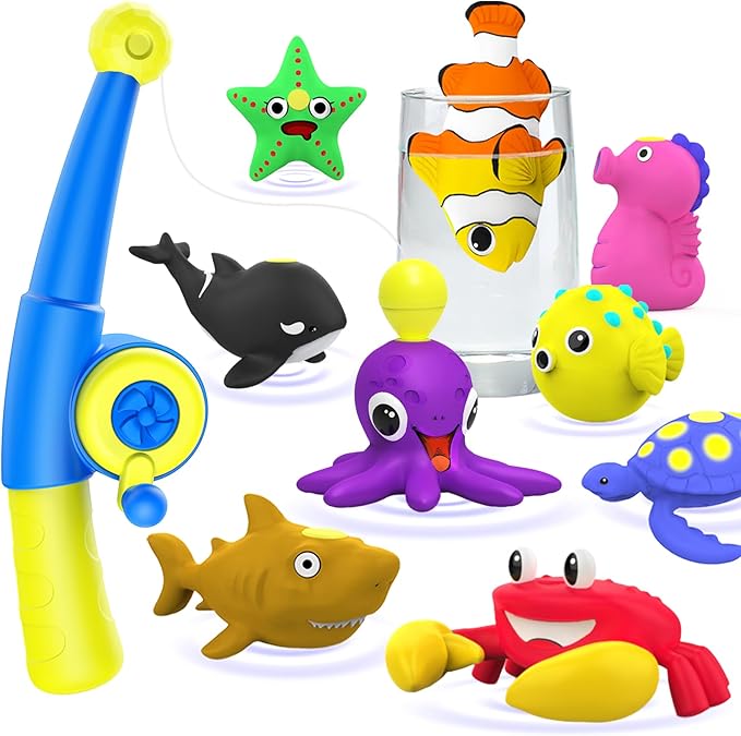 Color Changing No Hole Magnetic Fishing Bath Toys for Kids Toddlers Baby, Color Change Water Table Toys Sea Creatures with Fishing Rod (10 Packs)