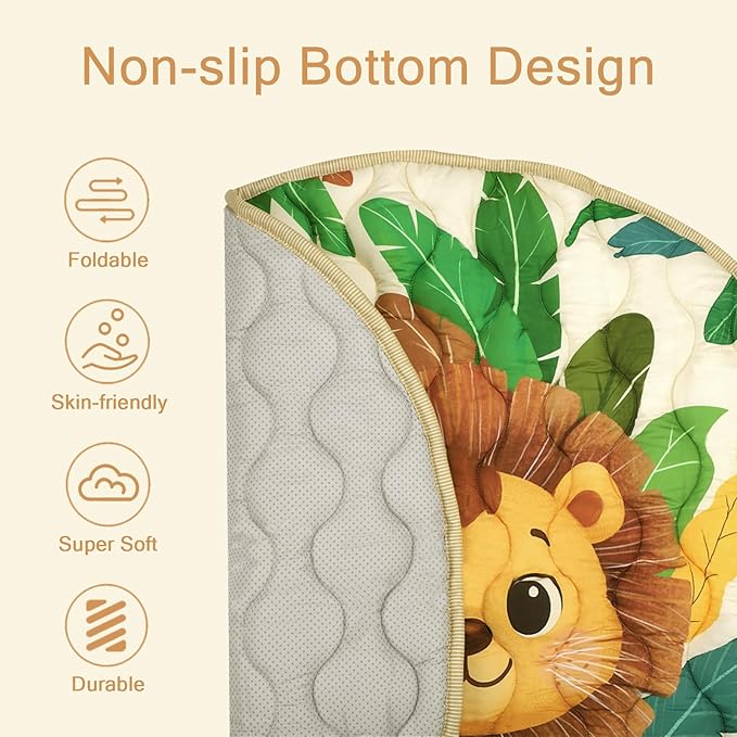 Baby Round Play Mat, Premium Thicker Foam Baby Mat for Floor, Tummy Time Foldable Baby Foam Play mat for Babies, 40 * 40 Round Anti-Slip Activity Mats for Infant and Toddler, Lion