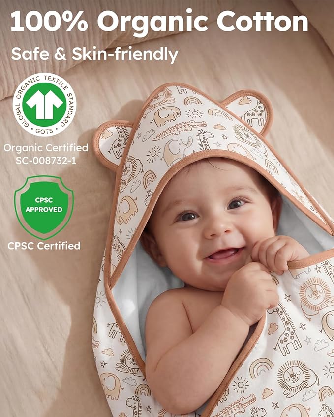 Yoofoss Hooded Baby Towels for Newborn 100% Organic Cotton Baby Bath Towel with Hood for Babies, Infant, Toddler and Kids, 32x32Inch, Soft and Absorbent Newborn Essential