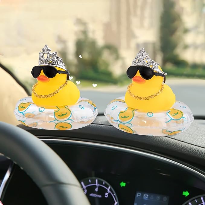 wonuu Car Duck Rubber Duck Car Ornaments Duck Car Dashboard Decorations with Cute Headband Swim Ring Necklace Sunglasses, C-Female Crown&Gold Chain