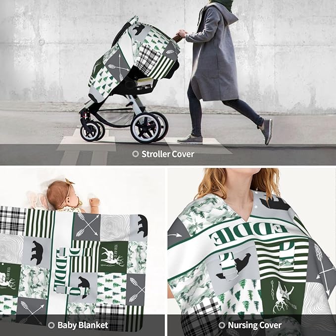 Personalized Baby Car Seat Canopy with Name, Custom Woodland Baby Car Seats Covers for Baby Boy, Opening Minky Nursing Breastfeeding Cover for Infant, Carseat Canopies for Newborn