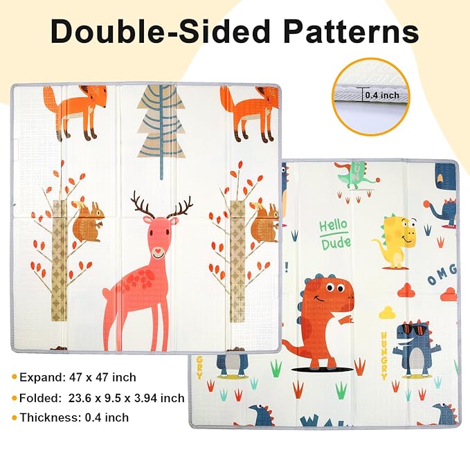 Foldable Baby Play Mat, 47" x 47" Baby Playmat for Playpen, 0.4 inch Thick Waterproof Reversible Foam Play Mat for Infant Crawling Baby for 50x50 Playpen