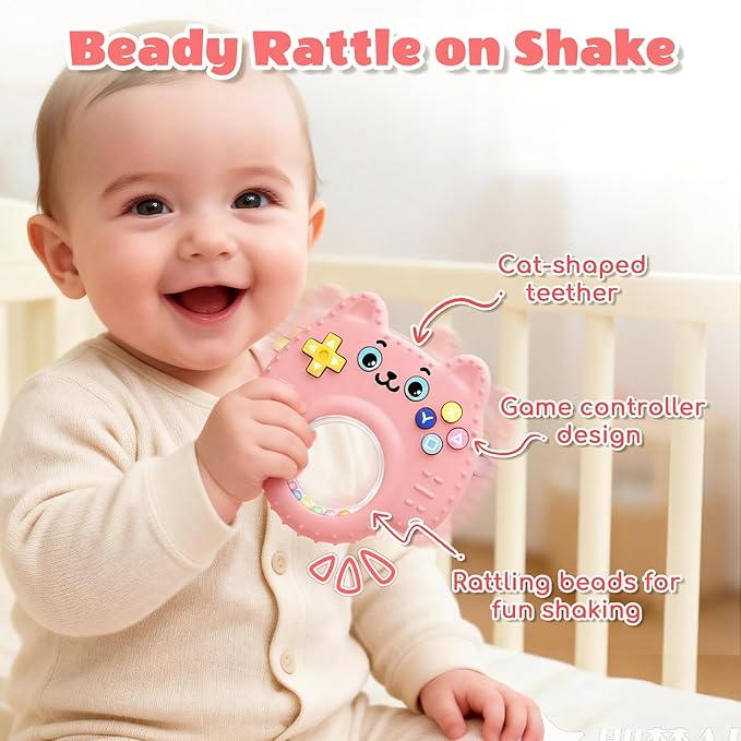 Silicone Baby Teething Toys for 0-6-12 Months, Kitten Remote Rattle Teether for Infant Gum Relief, No BPA Chew Toy for Infant 0-3-6-9-12, Easy-Grip Ring Gift for Travel & Bath