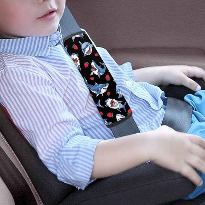 Biyejit 2 Pack Seat Belt Cover for Kids,Shark Strawberry Car Seat Belt Pads Cover for Boys Girls, Kid's Children Seat Belt Cushion, Shoulder Strap Pad