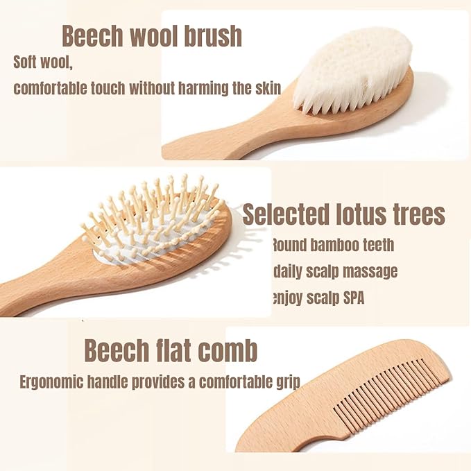 Personalized Baby Hair Brush and Comb Set for Newborn, Custom Wooden Toddler Hair Brush Set with Soft Goat Bristle,Includes Baby Comb, Air Cushion Brush, and Soft Bristle Brush, Birthday Flowers