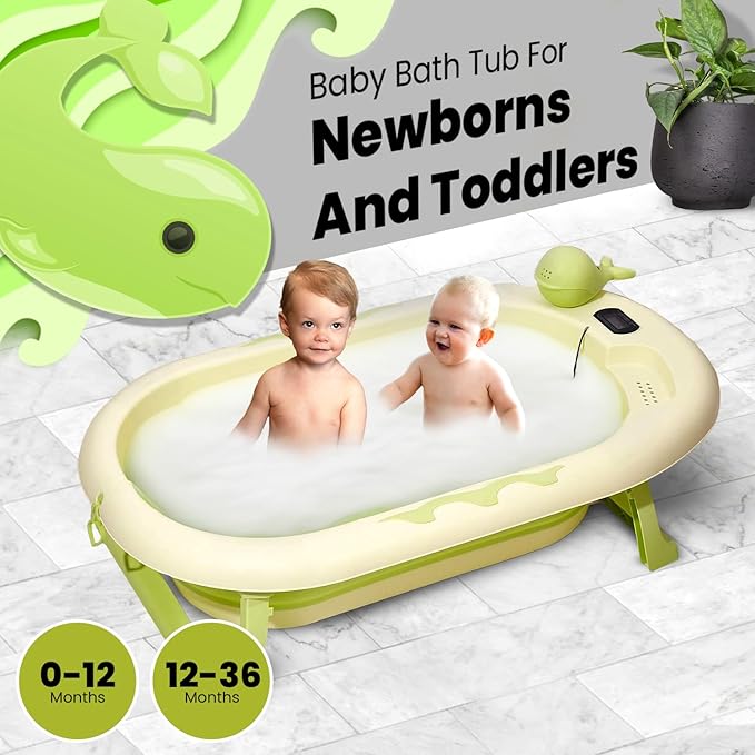 Collapsible Baby Bathtub with Thermometer - Infant Bathtub with Drainage Hole - Baby Bathtub Newborn to Toddler 0-36 Months - Portable - Green