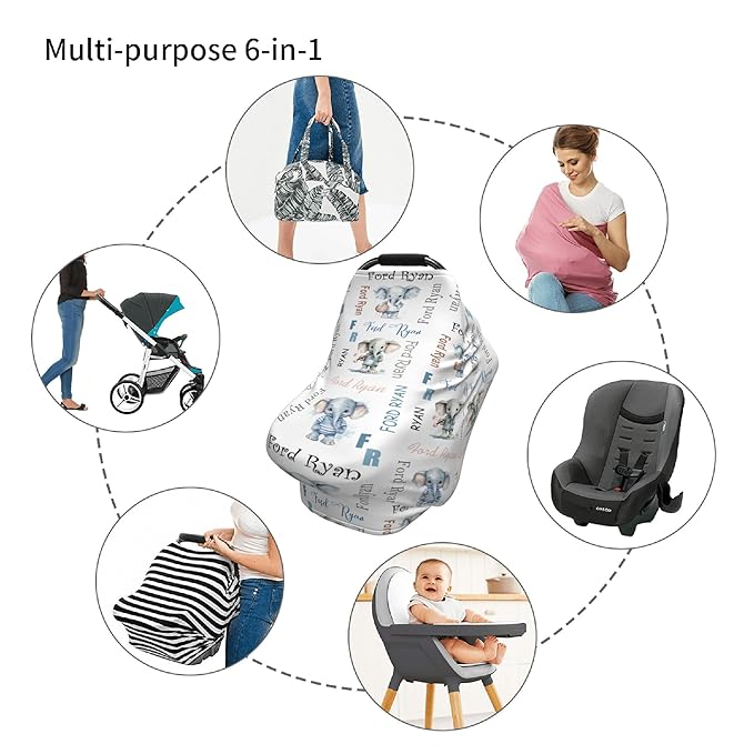 Personalized Baby Car Seat Covers for Babies, Custom Elephant Nursing Breastfeeding Carseat Canopy with Name, Infant Stroller Covers for Newborn Girls Boys, Breathable Carseat Cover