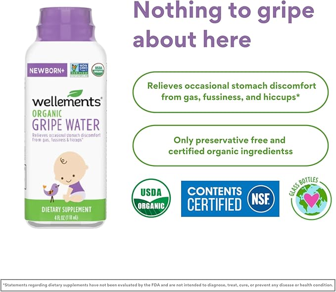 Wellements Organic Gripe Water | Relieves Occasional Stomach Discomfort from Baby Gas, Colic, Hiccups and Fussiness | Certified Organic and Non-GMO | No Artificial Flavors | 4 Fl Oz. | Ages Newborn+