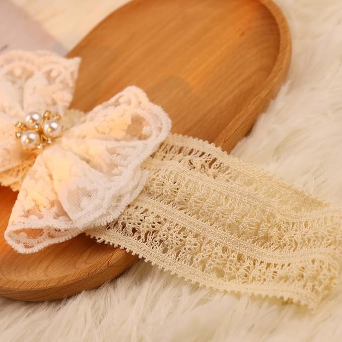 Lace Flower Bow-knot Baby Girls Headband Birthday Infant Wrap Elastic Baby Turban Hairband for Newborn Infant Toddler Kids (White pearl)