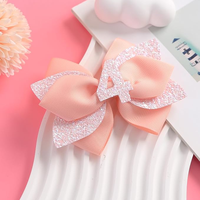Glitter Birthday Hair Bow for Baby Girls 1 2 3 4 5 6 Years Peach Party Decoration Hair Accessories for Four 4th Birthday