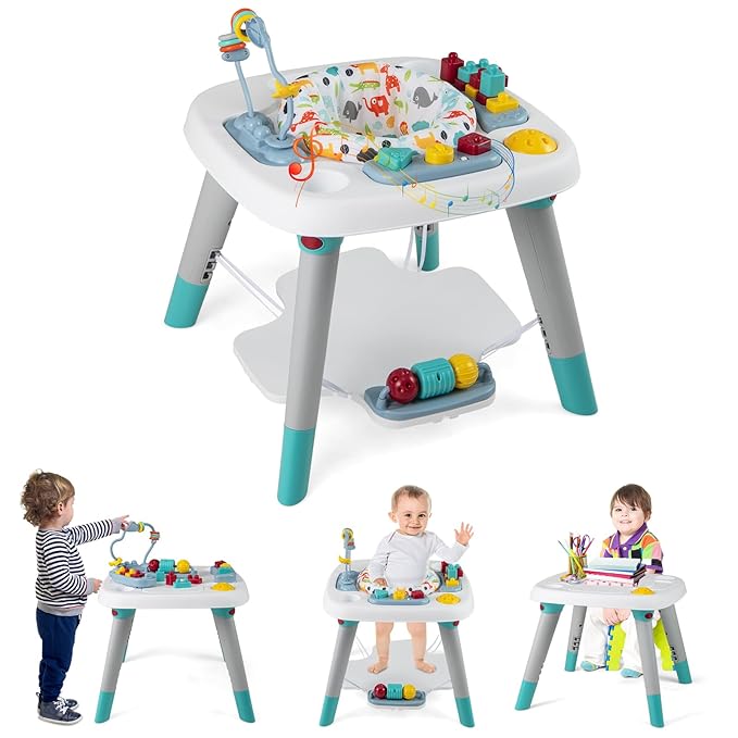 HONEY JOY Baby Bouncer Activity Center, 6-in-1 Infant Jumper & Standing Play Table w/ 360° Rotary Seat, 5 Toys, 3 Adjustable Heights, Music & Sounds, Activity Center for Babies(Blue)
