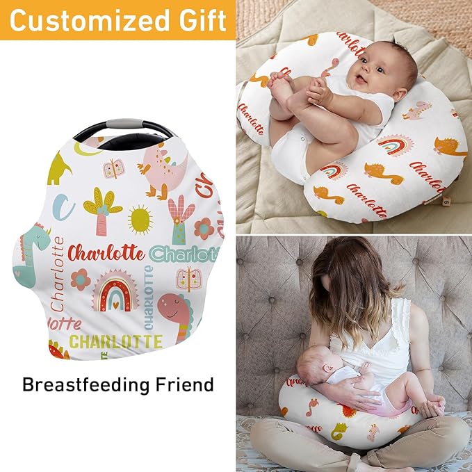 Personalised Car Seat Cover for Babies - Orange Dinosaur Print Multi-use Carseat Canopy Cover with Name, Car Seat Covers, Christmas Birthday Gifts for Infant Boys and Girls(27"x29")