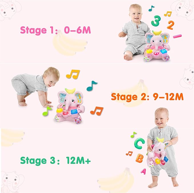 Ryotagift Baby Bilingual Musical Elephant Stuffed Animals Toys,Infant Early Learning Toy with Light-Up Music & Crinkle,Tummy Time Toys for 0 3 6 9 12+ Months for Baby Boy Girl Gift,Pink