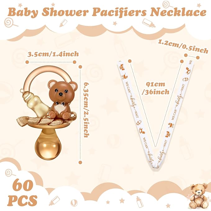 Coume 60 Pcs Shower Party Pacifiers Necklace Bear Bottle Acrylic Pacifiers Charm Pacifier Chain for Guests Gender Reveal Party Favors Prize Table Scatter (White,Brown,Elegant)