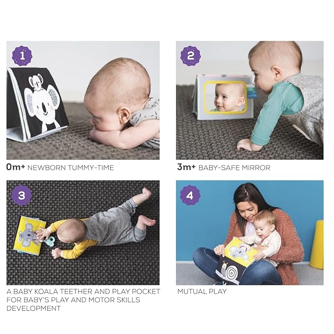 Taf Toys Tummy Time Toys High Contrast Baby Book. Fun, Interactive Crinkle Books for Babies with Mirror & Soft Koala Teether - Baby Tummy Time Book