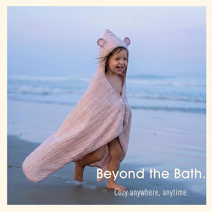 Ultra-Soft Muslin Toddler Hooded Towel – 55 x 28 Inches, Made with Organic Cotton, Gender-Neutral Dusty Pink Striped Jacquard Pattern, Ideal for Bath & Beach, Newborn to Toddler