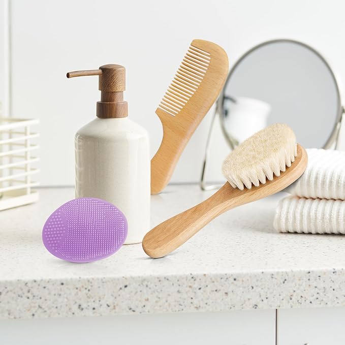 Baby Hair Brush with Wooden Handle and Comb Set for Newborns & Toddlers | Natural Soft Goat Bristles l Wood Comb l Blue Cradle Cap Brush| Ideal for Cradle Cap (3 Piece)