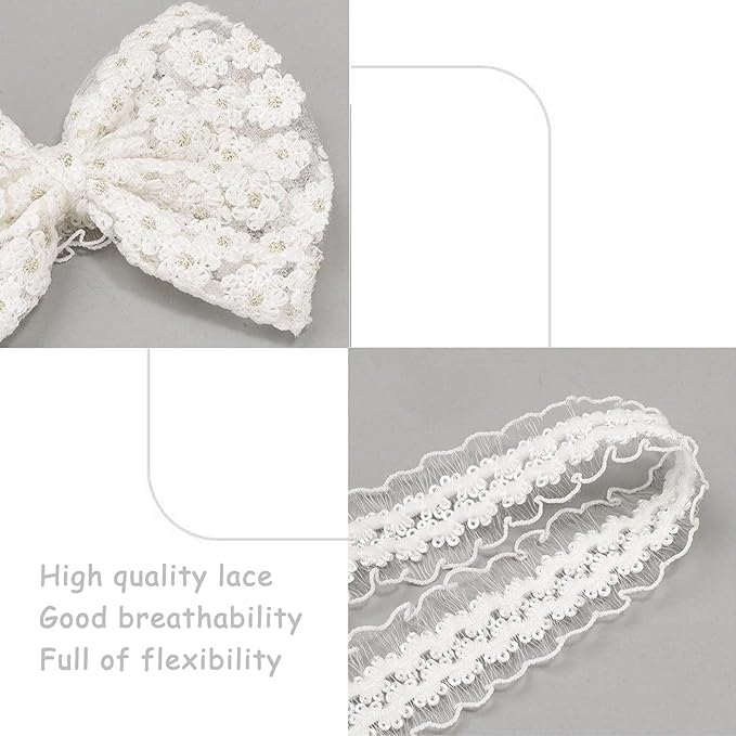 Baby Girls Bow Lace Headband Cute Soft Hairband White Butterfly Knot Headbands for Newborn Infants Toddlers Kids Christening Baptism Birthday Party Hair Accessories（White flower bow）