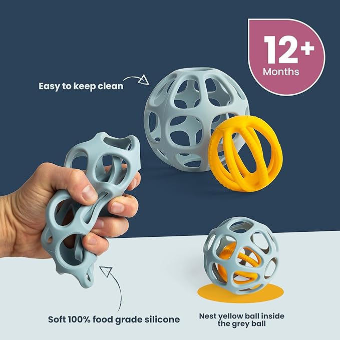 Bigjigs Toys Activity Balls - 2 Piece Silicone Teethers for Babies, Baby Sensory Toys, Montessori Toys for Babies, Sustainably Made Baby Gift