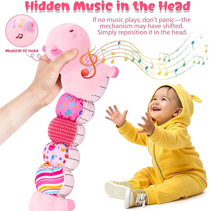 Baby Toys 0-12 Months, Infant Musical Caterpillar Baby Stuffed Animals with Crinkle, Rattle, Squeaker & Teether, Capybara Plush Sensory Baby Toy for Tummy & Soothing Newborn Gifts