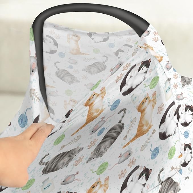 Cute Cat Baby Car Seat Covers Watercolor Cat Paws Mouse Toy Balls Neutral Stretchy 5-in-1 Cover Adjustable Infant Carseat Cover Canopy Cats Lovers Gift Breathable Nursing Cover-Up