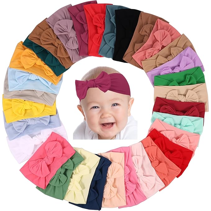 31 PCS Baby Girl Hair Bows, Super Stretchy Soft Nylon Baby Bows Headbands Set, for Newborn Infant Toddler 0-6 6-12 Months, Elastic Bow Hair Accessories Multi-Color, Shower Gift