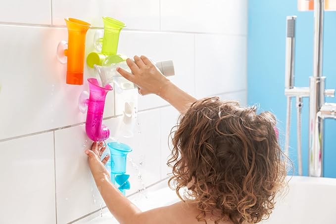 Boon Pipes Toddler Bath Toys - Interactive Toddler Sensory Toys - Suction Bath Toys for Hand Eye Coordination and Fine Motor Skills - Multicolored - 5 Count- Ages 12 Months and Up