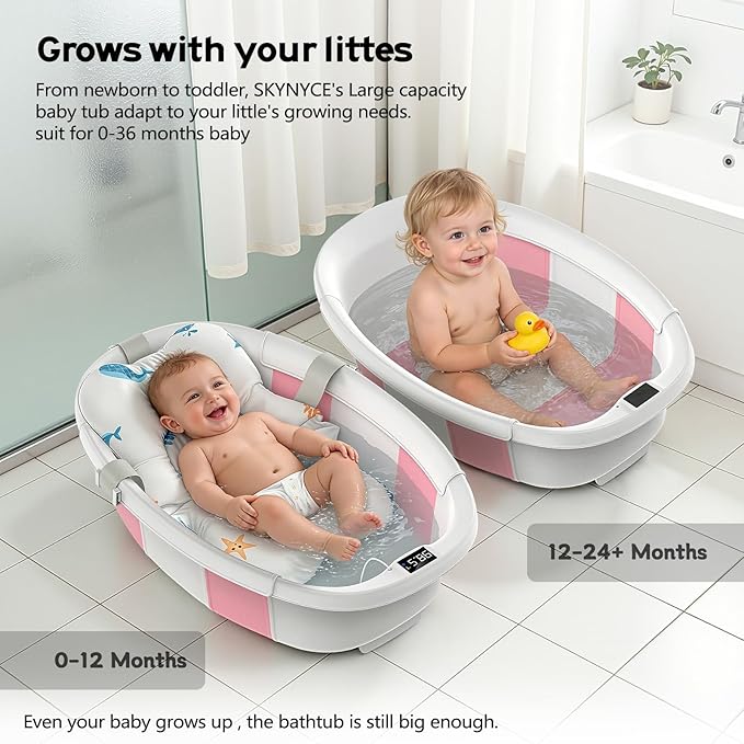 Collapsible Baby Bathtub for Newborn to Toddlers 0-36 Months, Large Baby Tub with Thermometer & Cushion, Easy Setup Foldable Travel Infant Bathtub, Newborn Babies Boy Girl Bath Tubs Pink