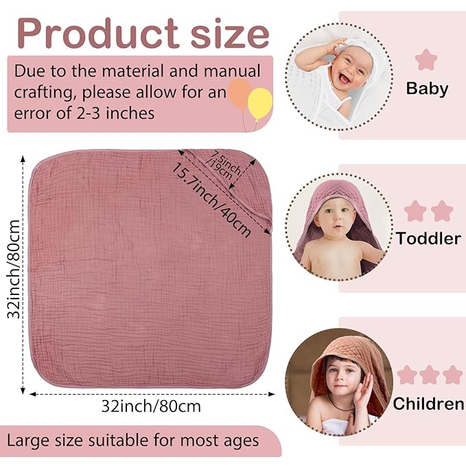 Peryiter 4 Pcs Muslin Hooded Baby Towels 32 x 32 Inch Cotton Newborn Bath Essentials Muslin Infant Blankets Absorbent Registry Gifts for Girl Boy Kids Baby Shower (Light Pink)