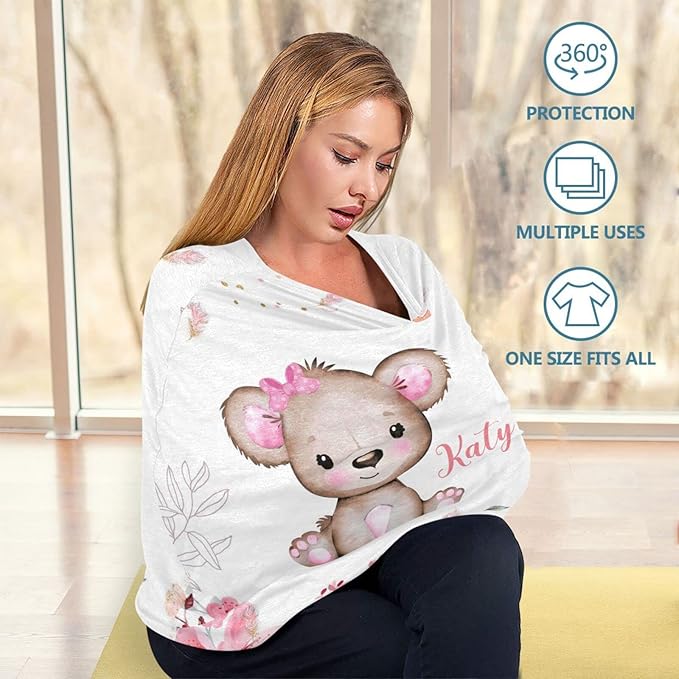 Personalized Baby Car Seat Covers with Name, Custom Nursing Cover Breastfeeding for Babies, Carseat Canopy for Girls, Infant Stroller Cover for Winter, Breathable Carseats Cover (Cute Little Bear)