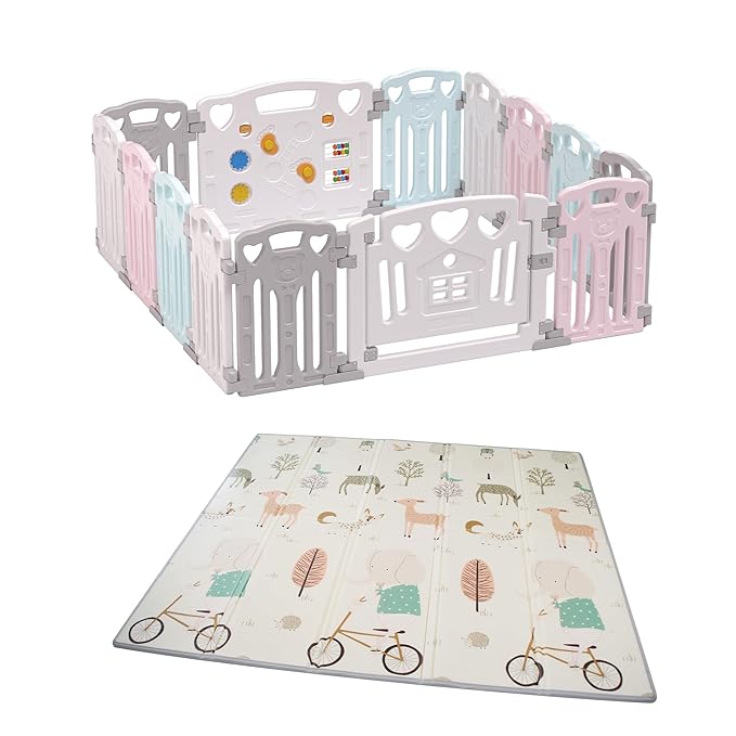 Gupamiga Baby Playpen Kids Activity Centre Safety Play Yard Home Indoor Outdoor New Pen (Macarons Classic Set 14 Panel) Baby Folding Mat