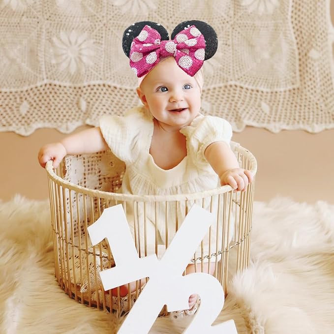 Baby Girl Mouse Ears Headbands with Sequin Bow, Wide Nylon Turban Hairband, Theme Park Headwear, Hair Bow Headband for Toddler, Kids, Party Supplies