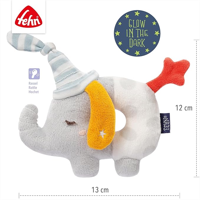 Fehn 053111 Ring Grasping Toy Elephant - Motor Skills Toy with Rattle &"Glow-in-The-Dark" Embroidery - Faithful Companion for Babies and Toddlers from 0+ Months