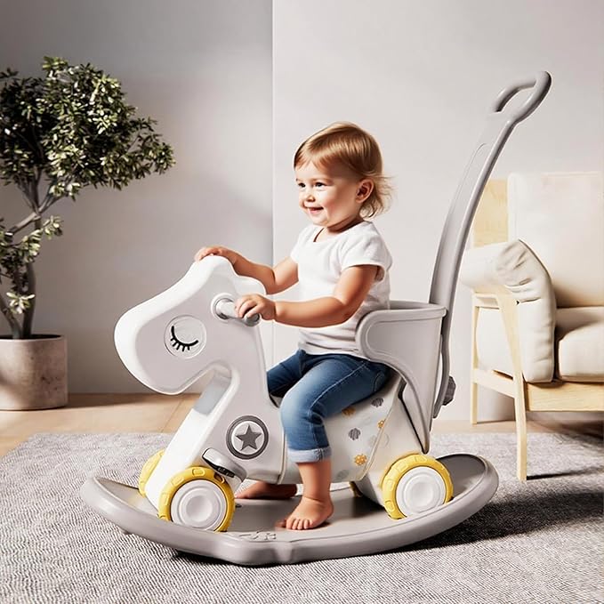 4 in 1 Rocking Horse for Toddlers 1-3 Years | Convertible Baby Push Walker, Balance Board & Ride-On Toy | Durable Plastic Indoor/Outdoor Gift for 1 Year Old Boy Girl(Grey)