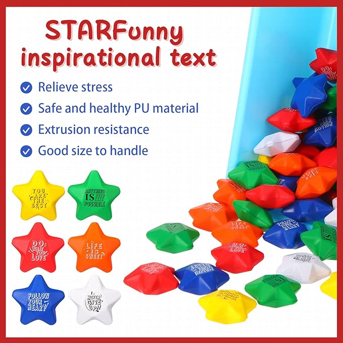 Leyndo 200 Pcs Star Stress Balls for Adults & Kids Bulk Motivational Quotes Stress Relief Colorful Foam Squeeze Balls Relief at Work/School/Home, Perfect Party Favors